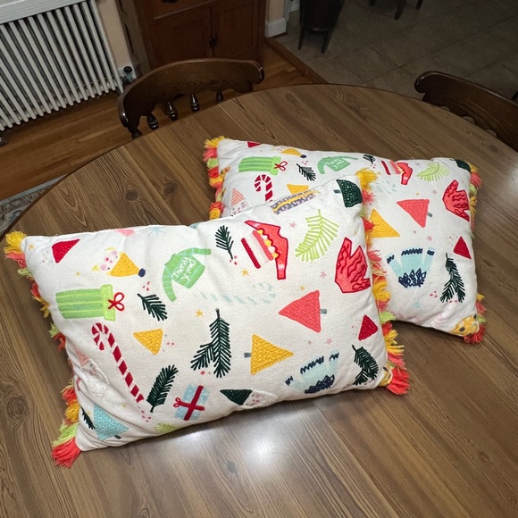 Boutique Other - Christmas Pillows (2) Cute Oblong With Fringe Gnomes, Trees Sweaters Candy Canes